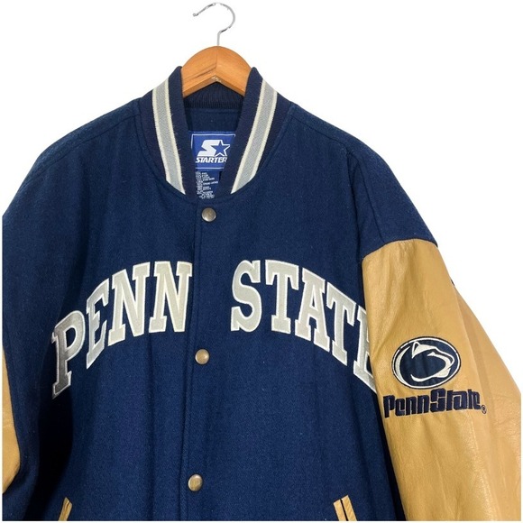 Vtg Starter Penn State Varsity Jacket Wool Leather XL Blue Tan 90s Collegecore - Picture 3 of 13